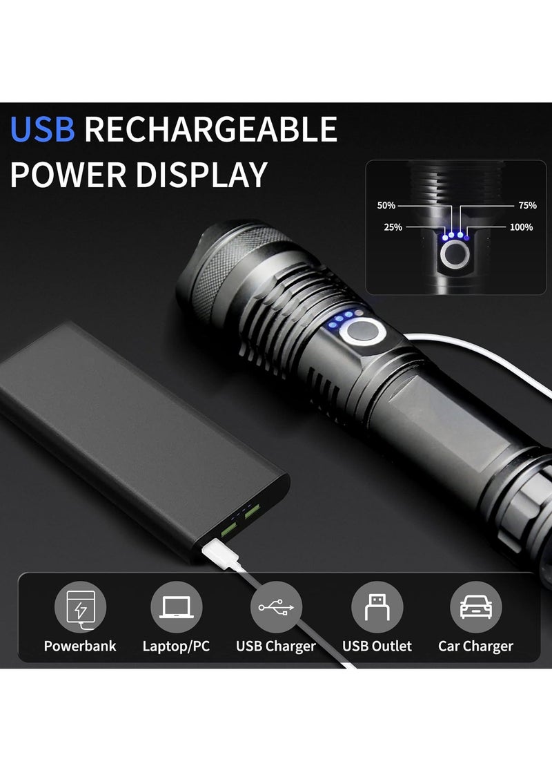 Rechargeable LED flashlight with 10000 high lumens, ultra bright tactical flashlight with 5 modes, powerful scalable flashlight, waterproof handheld flashlight for hiking emergencies