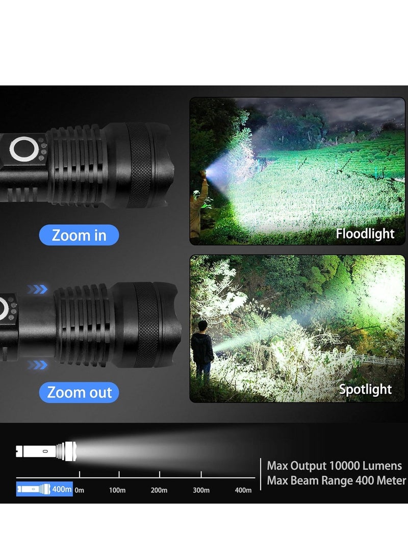 Rechargeable LED flashlight with 10000 high lumens, ultra bright tactical flashlight with 5 modes, powerful scalable flashlight, waterproof handheld flashlight for hiking emergencies