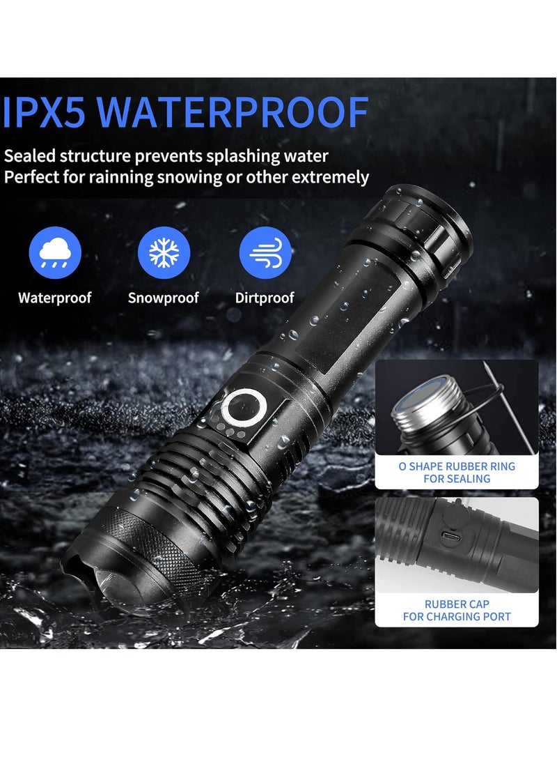 Rechargeable LED flashlight with 10000 high lumens, ultra bright tactical flashlight with 5 modes, powerful scalable flashlight, waterproof handheld flashlight for hiking emergencies