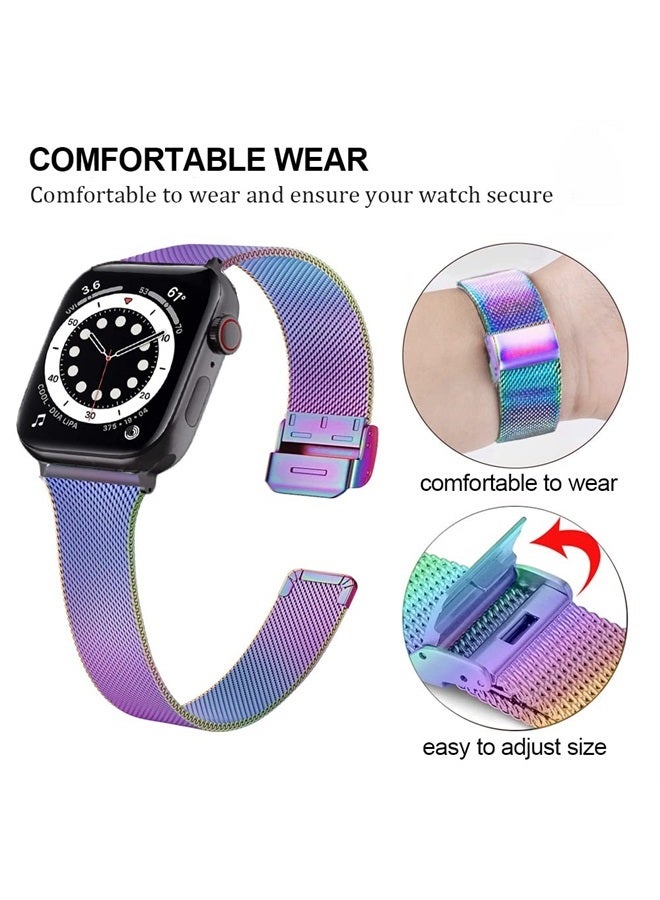 DEALELE Strap Compatible with iWatch 42mm 44mm 45mm, Stainless Steel Metal Mesh Replacement Bands for Apple Watch Series 7 / SE / 6/5 / 4/3 Women Men, Rainbow - Image 3