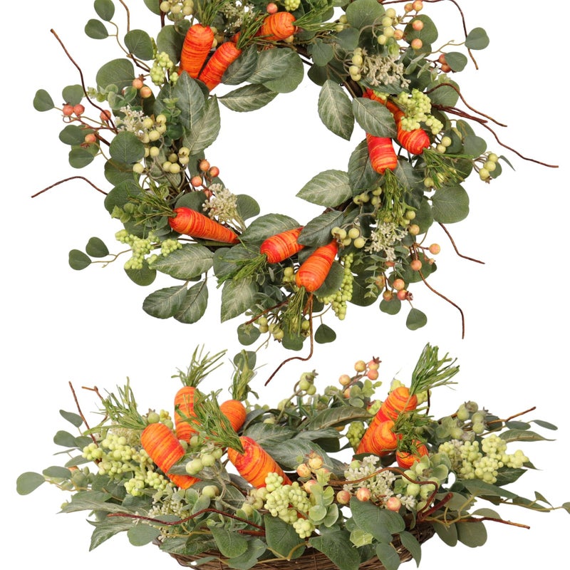 Quixem Spring Wreath Artificial Carrot Eucalyptus Wreath 22IN, Orange Green White, Spring Easter Summer Front Door Wall Decor - Image 1