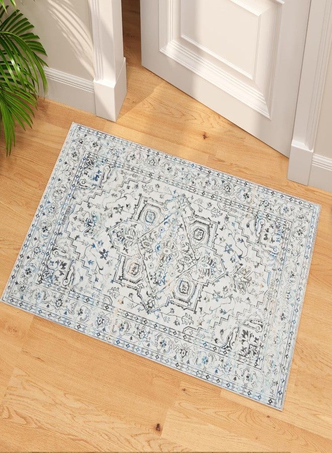 COYACOOL سجاد بوهيمي للمدخل، سجادة قابلة للغسل بمقاس 2x3 ذات وبر منخفض، سجادة صغيرة مانعة للانزلاق للباب الأمامي للمطبخ، سجاد صغير بظهر مطاطي، سجادة مدخل ناعمة عتيقة الطراز لغرفة النوم (بيج) - Image 1