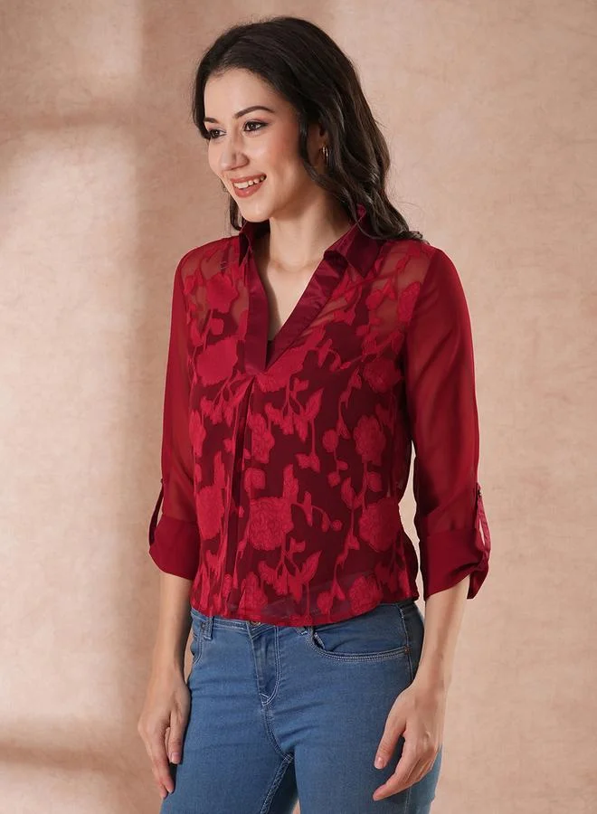 globus Women Maroon Floral Print Roll-Up Sleeves Top