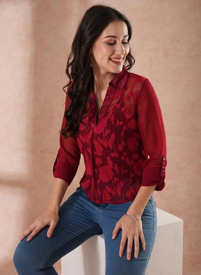 globus Women Maroon Floral Print Roll-Up Sleeves Top