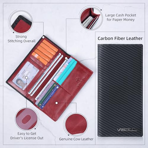 VISOUL Leather Checkbook Cover Wallet for Men with RFID Blocking, Mens Long Bifold Cash Tall Wallet with 11 Credit Card Slots 1 ID Window (Black+Burgundy) - Image 3