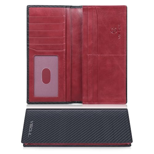 VISOUL Leather Checkbook Cover Wallet for Men with RFID Blocking, Mens Long Bifold Cash Tall Wallet with 11 Credit Card Slots 1 ID Window (Black+Burgundy) - Image 1