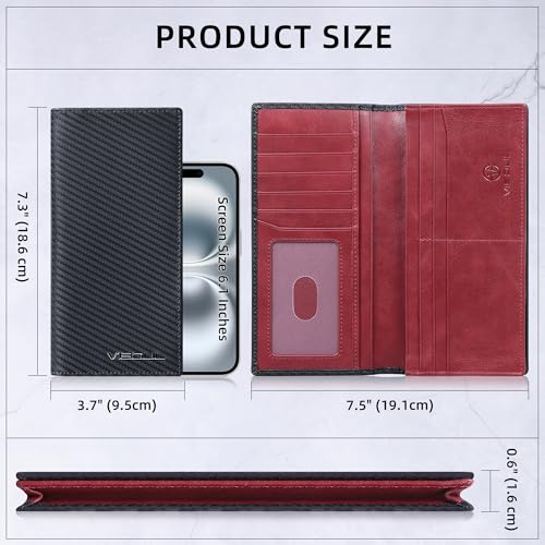 VISOUL Leather Checkbook Cover Wallet for Men with RFID Blocking, Mens Long Bifold Cash Tall Wallet with 11 Credit Card Slots 1 ID Window (Black+Burgundy) - Image 4