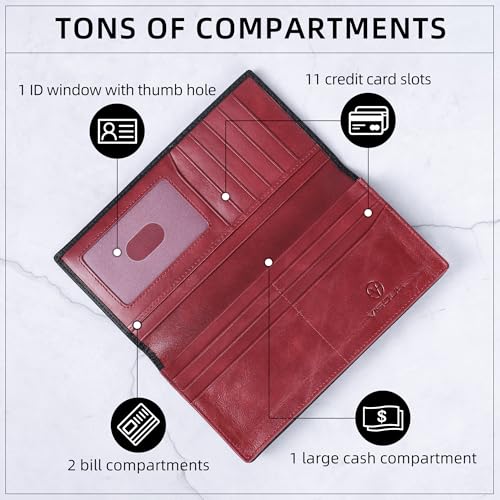 VISOUL Leather Checkbook Cover Wallet for Men with RFID Blocking, Mens Long Bifold Cash Tall Wallet with 11 Credit Card Slots 1 ID Window (Black+Burgundy) - Image 2