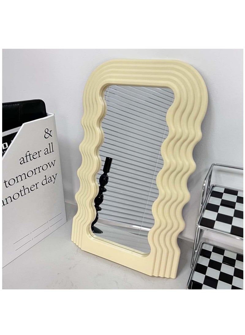 Bluejw Aesthetic Wave Pattern Irregular Frame Mirror, Decorative Desk Wall Mirror for Living Room Bedroom Hallway Home Decor (Khaki)  - Image 1