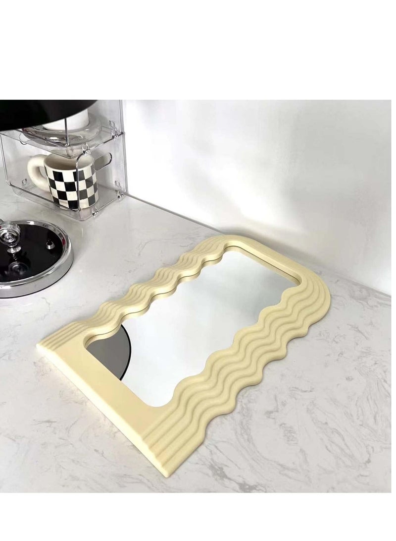 Aesthetic Wave Pattern Irregular Frame Mirror, Decorative Desk Wall Mirror for Living Room Bedroom Hallway Home Decor (Khaki)