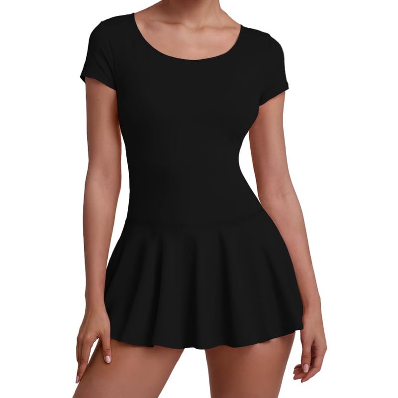 سبيرايز speerise Womens Short Sleeve Skirted Leotard with Built-in Panty, Adult Ballet Dance Scoop Neck Unitard for Gymnastic Performance - Image 1