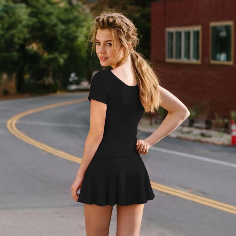 سبيرايز speerise Womens Short Sleeve Skirted Leotard with Built-in Panty, Adult Ballet Dance Scoop Neck Unitard for Gymnastic Performance - Image 3