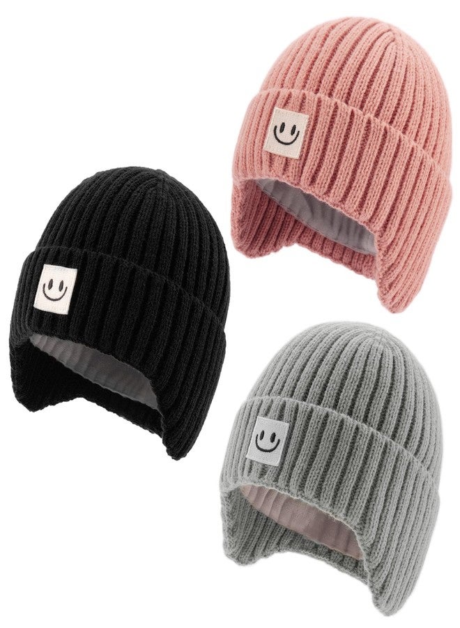 FURTALK Baby Beanie Winter Warm Hats Fleece Lined with Earflap Cute Knit Boys Girls Infant Toddler Kids Hat Black+Grey+Pink,6-24 Months - Image 1