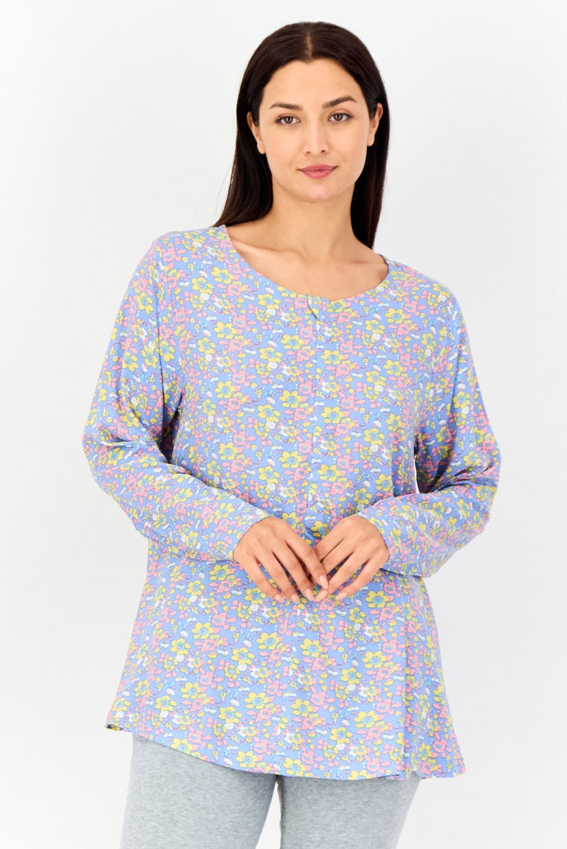zivame Women Floral Print Long Sleeves Sleepwear Top, Multicolor - Image 1