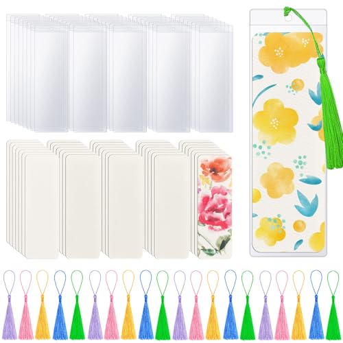 SBYURE 50 Pieces Watercolor Paper Blank Bookmarks with 50 Pieces Colorful Tassels 50 Pack PVC Bookmark Sleeves Watercolor Paper Bookmarks for Classroom Projects Gifts Tags Crafts, 1.9 x 5.9 Inch - Image 1