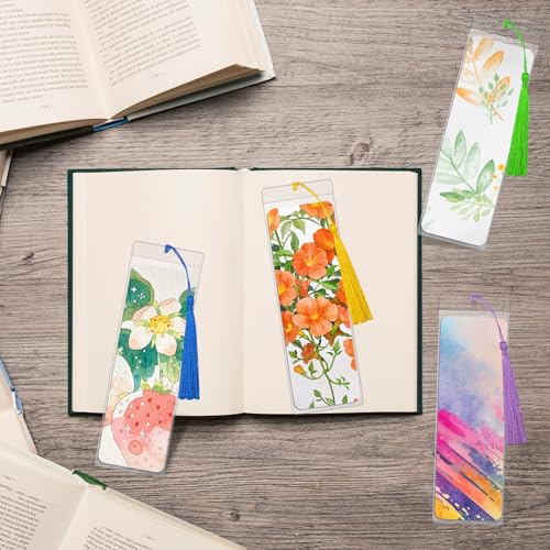 SBYURE 50 Pieces Watercolor Paper Blank Bookmarks with 50 Pieces Colorful Tassels 50 Pack PVC Bookmark Sleeves Watercolor Paper Bookmarks for Classroom Projects Gifts Tags Crafts, 1.9 x 5.9 Inch - Image 3