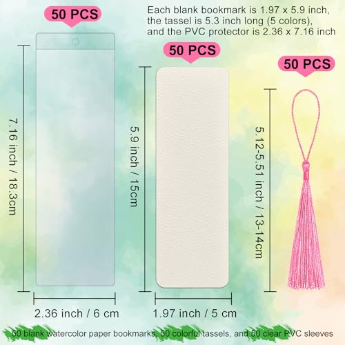 SBYURE 50 Pieces Watercolor Paper Blank Bookmarks with 50 Pieces Colorful Tassels 50 Pack PVC Bookmark Sleeves Watercolor Paper Bookmarks for Classroom Projects Gifts Tags Crafts, 1.9 x 5.9 Inch - Image 2