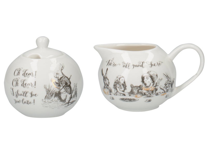 VA Alice in Wonderland Fine China Milk Jug and Sugar Bowl Set with Decorative Illustrations 2 Pieces  White 18 x 75 x 7 cm