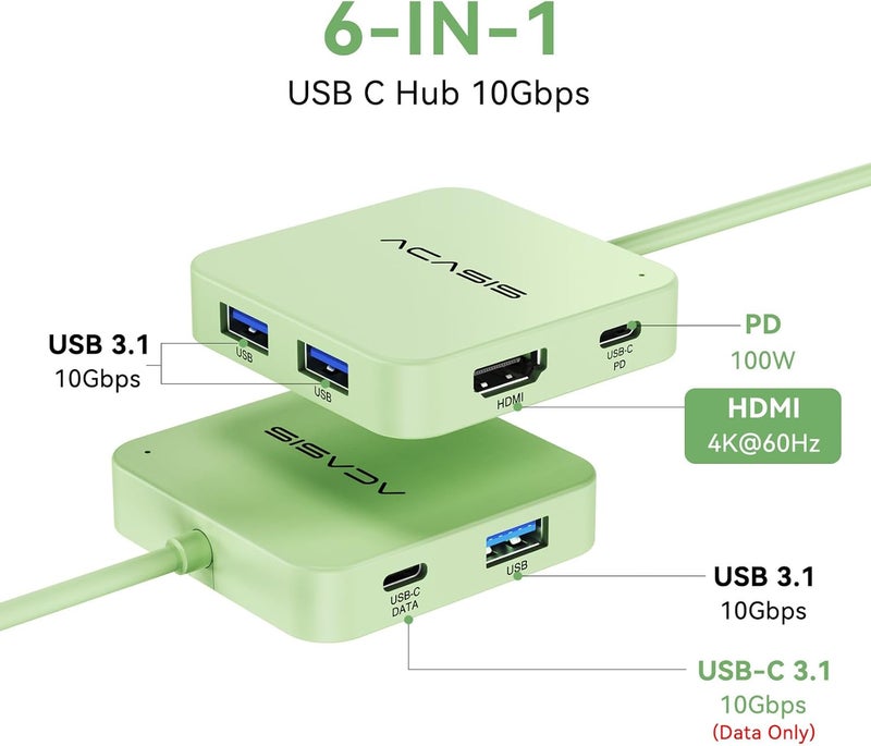 أكاسيس محور USB-C، محول متعدد المنافذ مع HDMI بدقة 4K@60، توصيل طاقة 100 واط، 3 منافذ USB-A + منفذ بيانات USB-C 3.1، محول USB إلى HDMI لأجهزة MacBook، Dell، Lenovo، Surface، iPad PRO، XPS (أخضر) - Image 2