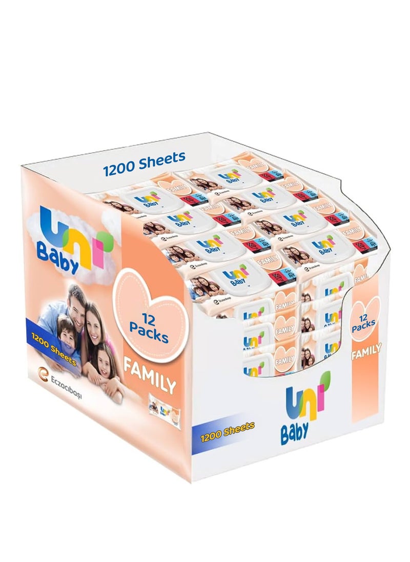 Uni baby Pack of 12 Wet Wipes for Family - Gentle & Skin-Friendly, Suitable for All Ages, Dermatologically Tested, 1200 Pieces  - Image 1
