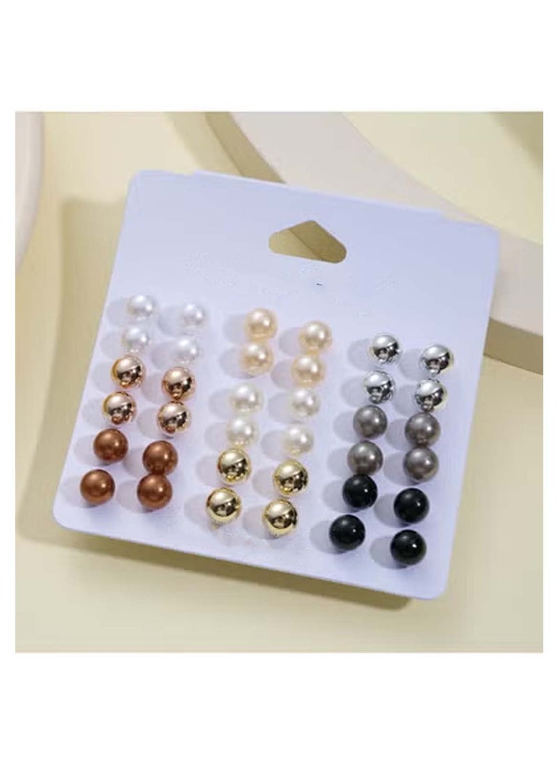 Huitich 18-Pair Pearl & Metallic Stud Earrings Set Multi-Color  - Image 2