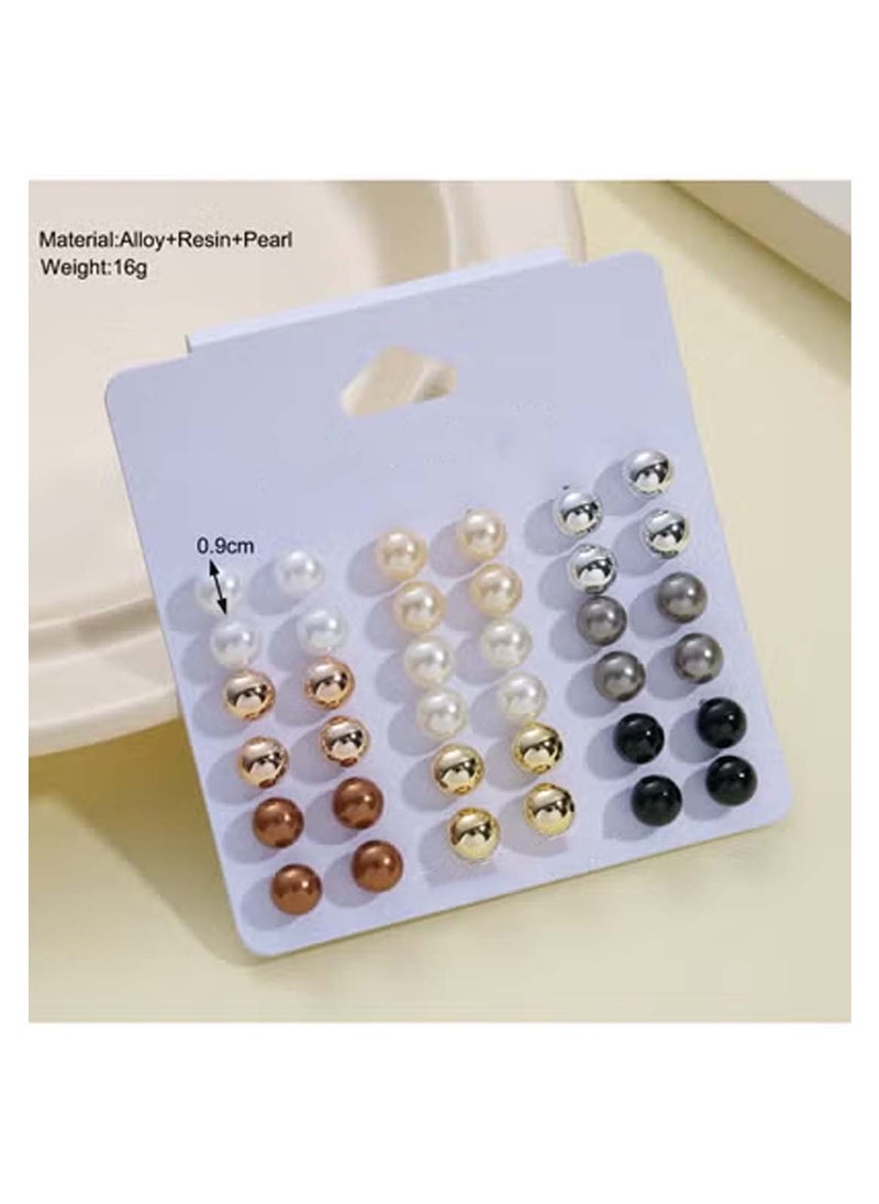 Huitich 18-Pair Pearl & Metallic Stud Earrings Set Multi-Color  - Image 3