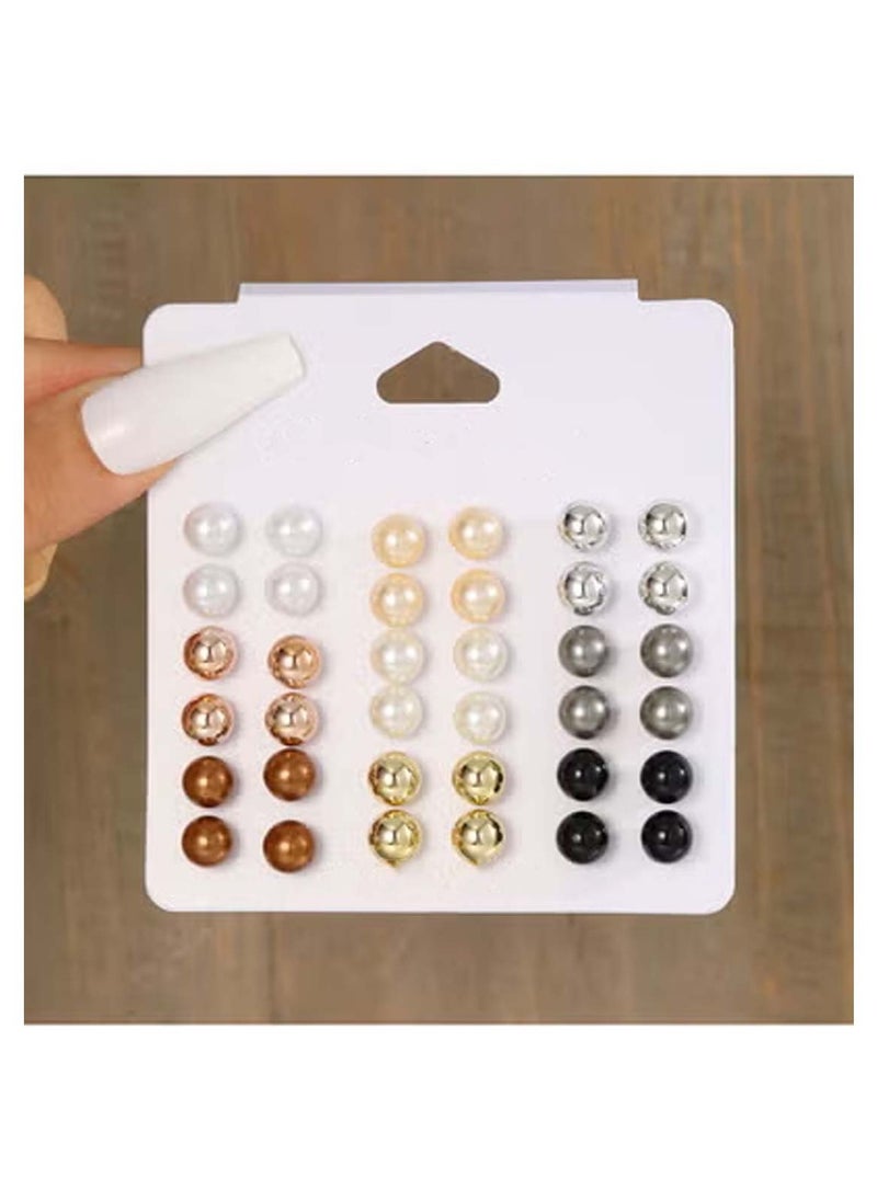 Huitich 18-Pair Pearl & Metallic Stud Earrings Set Multi-Color  - Image 5