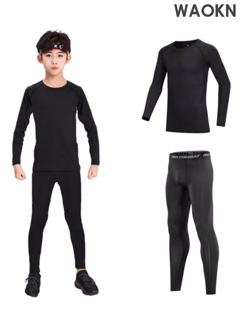 دبليو أيه أو كي أن بدلة رياضية للأطفال ، بدلة رياضية ، مجموعة بنطلون طويلة الأكمام ، بدلة الركض والقميص ، مجموعة تجفيف سريع من قطعتين ، مجموعة تدريب رياضي للأطفال (الخط الأخضر) - Image 1