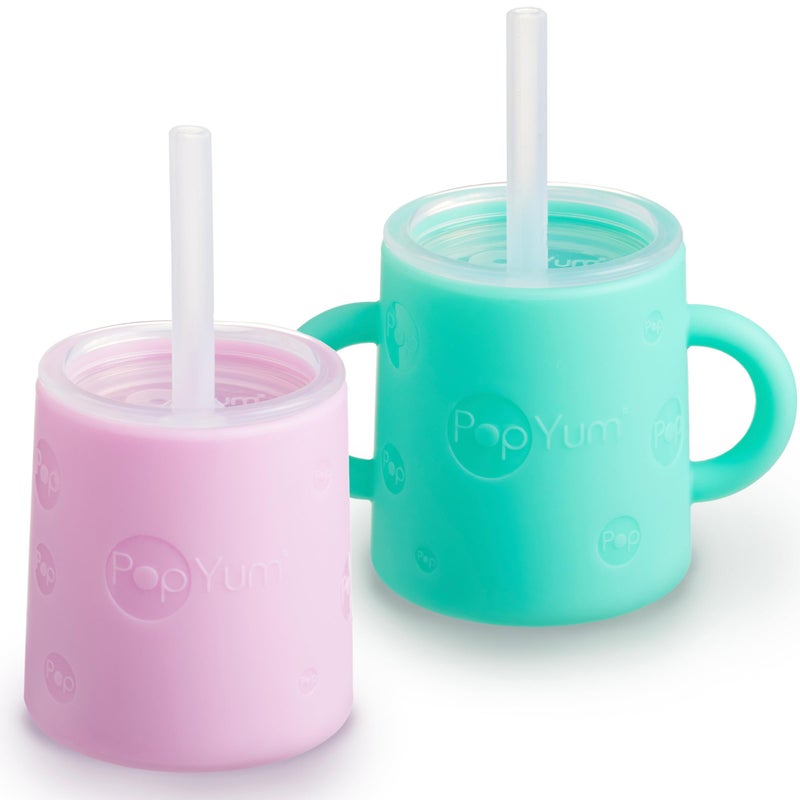 PopYum Silicone Training Cup with Straw + Lid, 2-Pack for Baby, Infant and Toddler, Tumbler, Sippy, handles, 5 ounce (green, pink) - Image 1