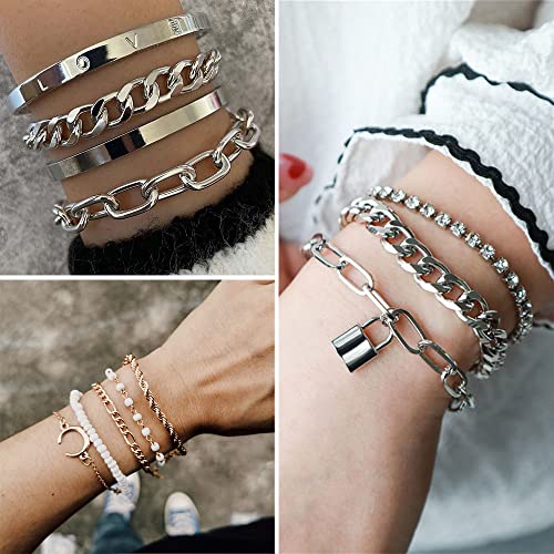 IFKM 36 Piece Silver Plated Jewelry Set - 3 Necklaces, 12 Bracelets, 7 Ear Cuffs, 14 Knuckle Rings for Women - Valentine, Anniversary, Birthday Gifts - Image 4