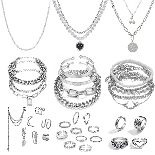 IFKM 36 Piece Silver Plated Jewelry Set - 3 Necklaces, 12 Bracelets, 7 Ear Cuffs, 14 Knuckle Rings for Women - Valentine, Anniversary, Birthday Gifts - Image 1