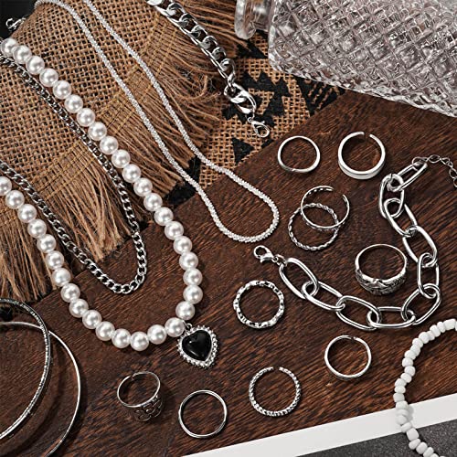 IFKM 36 Piece Silver Plated Jewelry Set - 3 Necklaces, 12 Bracelets, 7 Ear Cuffs, 14 Knuckle Rings for Women - Valentine, Anniversary, Birthday Gifts - Image 2