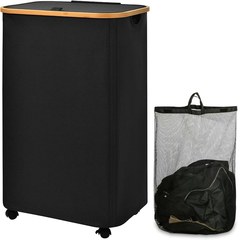 DAYONG Laundry Hamper with Wheels, 100L Rolling Clothes Basket Bin with Lid, Foldable Laundry Basket with Removable Liner for Bedroom, Laundry Room, Bathroom, Dorm (Black) - Image 1