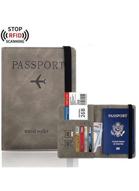 حافظة جواز السفر، حافظة جواز السفر مع حجب RFID، حامل وثائق السفر من الجلد الصناعي للرجال والنساء (رمادي)
