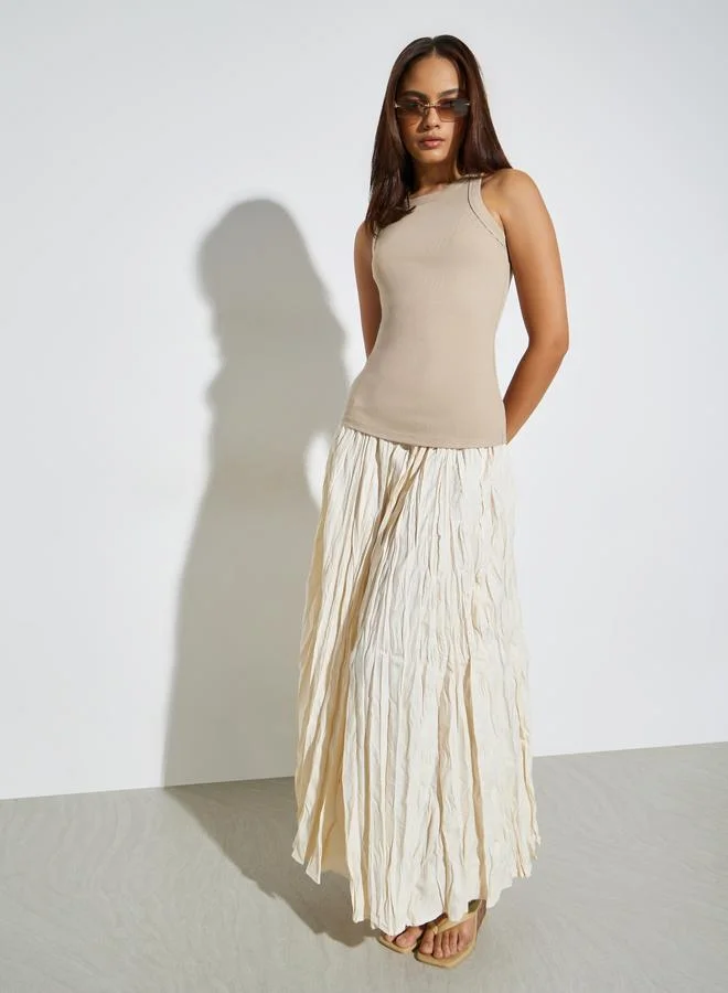 Styli Beige Solid Basic Ribbed Casual Tank