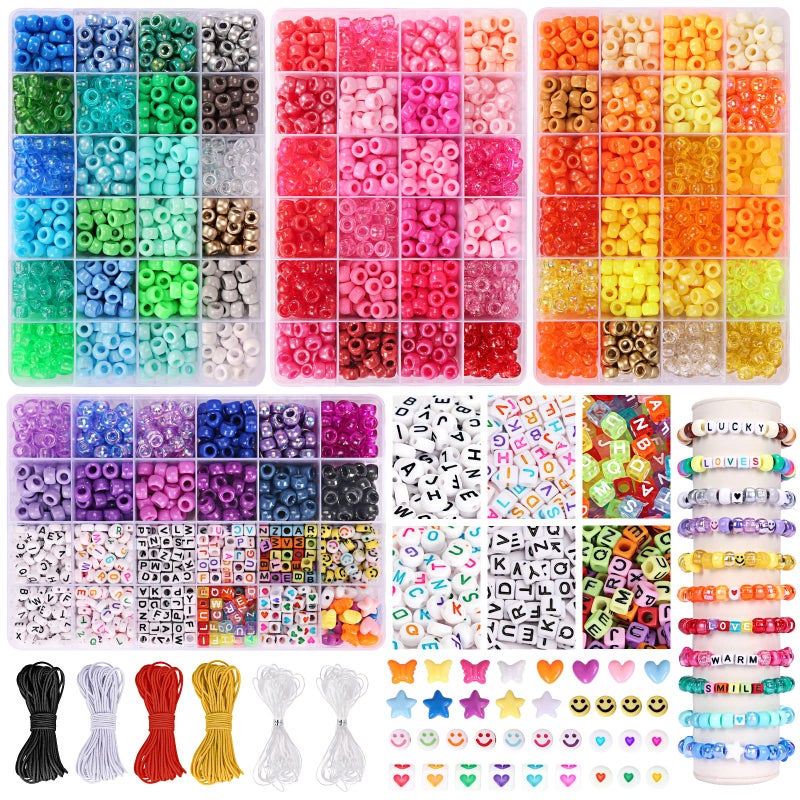 QUEFE 4900pcs Pony Beads Kandi Bracelet Kit Friendship Bracelet Making Kit with 84 Colors Kandi Beads Hair Beads and Letter Heart for Craft Gifts Bracelets Jewelry Making with Elastic Strings