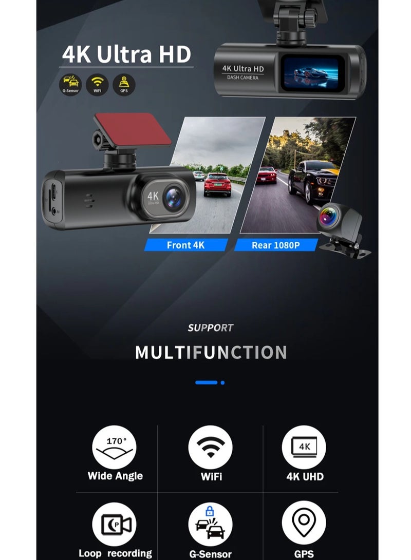 Dash Camera for Cars with WiFi  GPS, 4K Front and 1080P Rear Car Camera, with Super Night Vision and 24-Hour Parking Monitor, Parking Assistance, Supports 256GB Max - Image 2