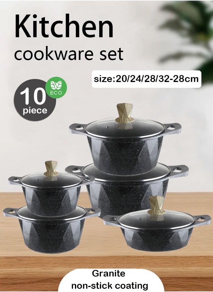 X spring 10-Piece Kitchen Cookware set, Casserole Set And Frying Pan With Non Stick Cookware sets ,Finish Glass lid PFOA-Free  20-24-28-32 cm (Deep Stockpot) + 28 cm (deep Frying Pan)（Black）  - Image 1