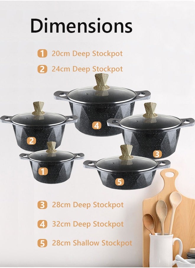 X spring 10-Piece Kitchen Cookware set, Casserole Set And Frying Pan With Non Stick Cookware sets ,Finish Glass lid PFOA-Free  20-24-28-32 cm (Deep Stockpot) + 28 cm (deep Frying Pan)（Black）  - Image 3