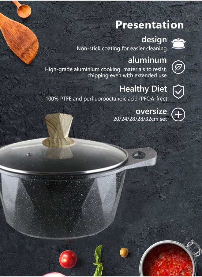 X spring 10-Piece Kitchen Cookware set, Casserole Set And Frying Pan With Non Stick Cookware sets ,Finish Glass lid PFOA-Free  20-24-28-32 cm (Deep Stockpot) + 28 cm (deep Frying Pan)（Black）  - Image 2