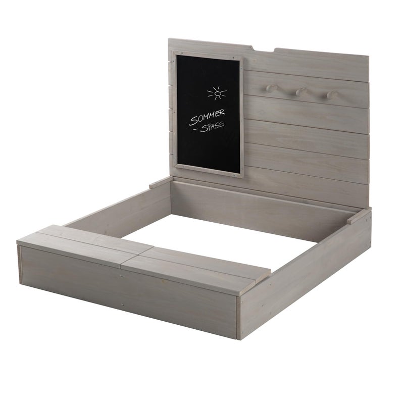 roba roba Wooden Sandpit with Lid - Sandbox Hinged with Board and 3 Hooks - Weatherproof Cover - Environmentally Friendly Solid Wood Grey Varnished  - Image 1