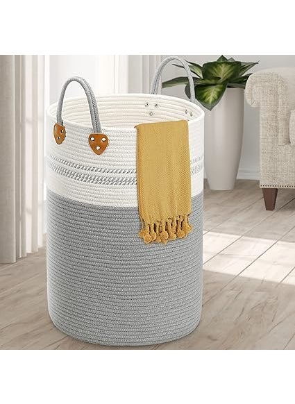 RAVIO CRAFT RAVIO CRAFT XXL Rope Laundry Hamper Basket 58L Tall Laundry Basket for Blanket Organizer Clothes Hamper for Bedroom Storage Baby Kids Nursery laundry hamper  - Image 1