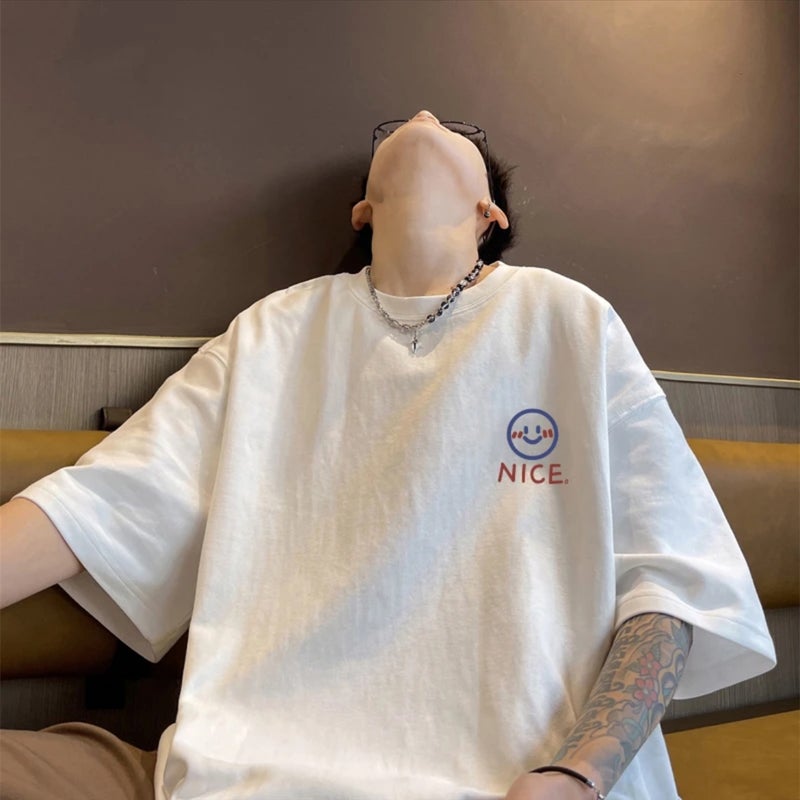 100% heavyweight pure cotton plus size men's t-shirt simple short-sleeved summer loose American shoulder Hong Kong style trendy brand ins new style - Image 2