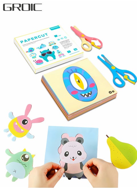 Paper Cutting Activity Set with Scissor, DIY Fun Paper-Cutting Handmade Puzzle, Stereo Origami Book, 100 Sheets Double-sided Kids Educational Toy Early Learning Development