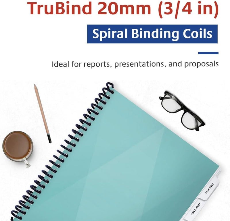 TruBind 20mm (3/4 in.) Spiral Binding Coils for Reports, Presentations and Proposals | 4:1 Pitch | 12 in. Length | Black | 172 Sheets Binding Capacity | 50 Pack - Image 2