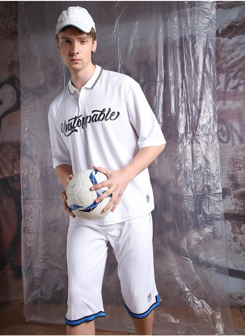 هوبرهولمي Men's White 100% Polyester Printed Cropped Bermuda Longline Oversized Co-Ords