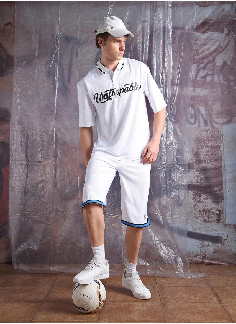 هوبرهولمي Men's White 100% Polyester Printed Cropped Bermuda Longline Oversized Co-Ords