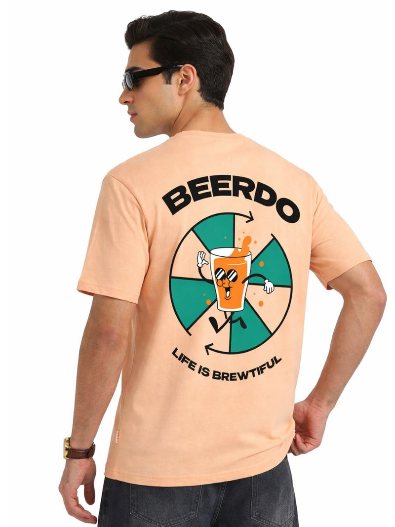 Veirdo® Pure Cotton Oversized Baggy Fit Cool Beerdo Graphic Printed Beige T-Shirt for Men/Boys (OS_V_BEERDO_BG_S) - Image 1