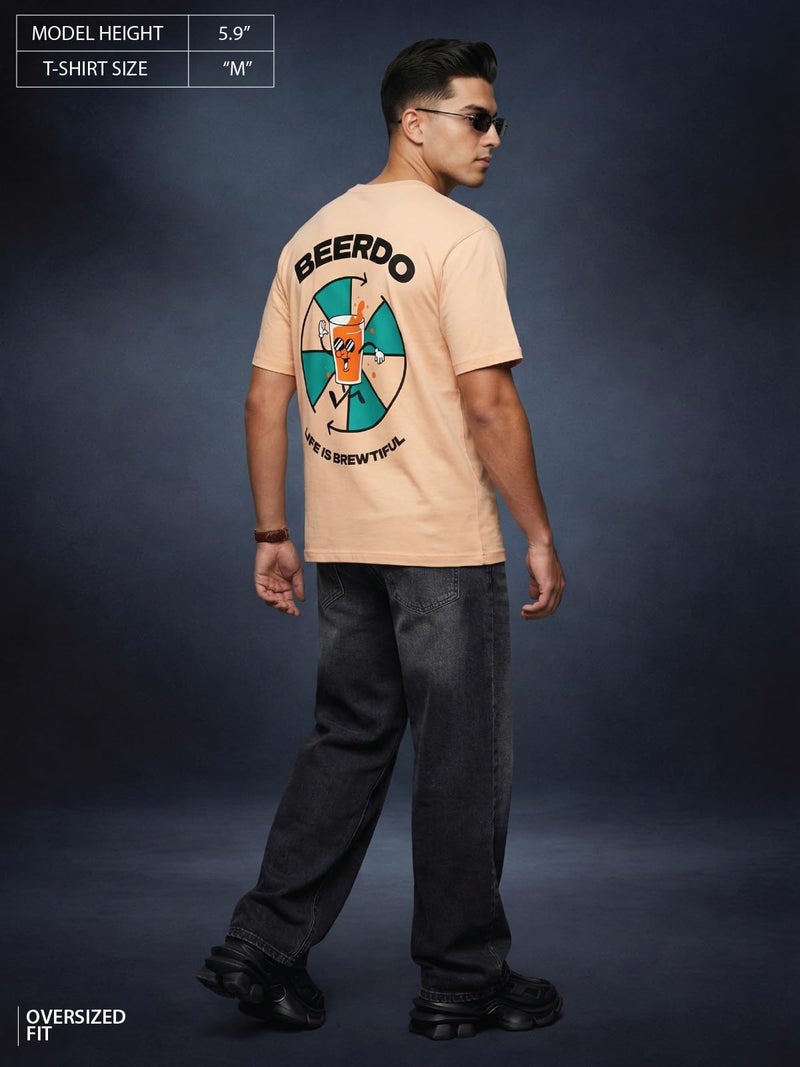 Veirdo® Pure Cotton Oversized Baggy Fit Cool Beerdo Graphic Printed Beige T-Shirt for Men/Boys (OS_V_BEERDO_BG_S) - Image 5