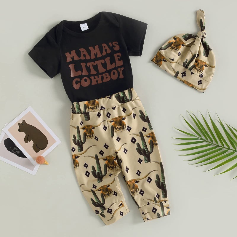 SAYOO Western Newborn Baby Boys Cowboy Outfits Cow Print Letter Bodysuit+Long Leggings+Cap 3pcs Infant Boy Country Clothes - Image 3
